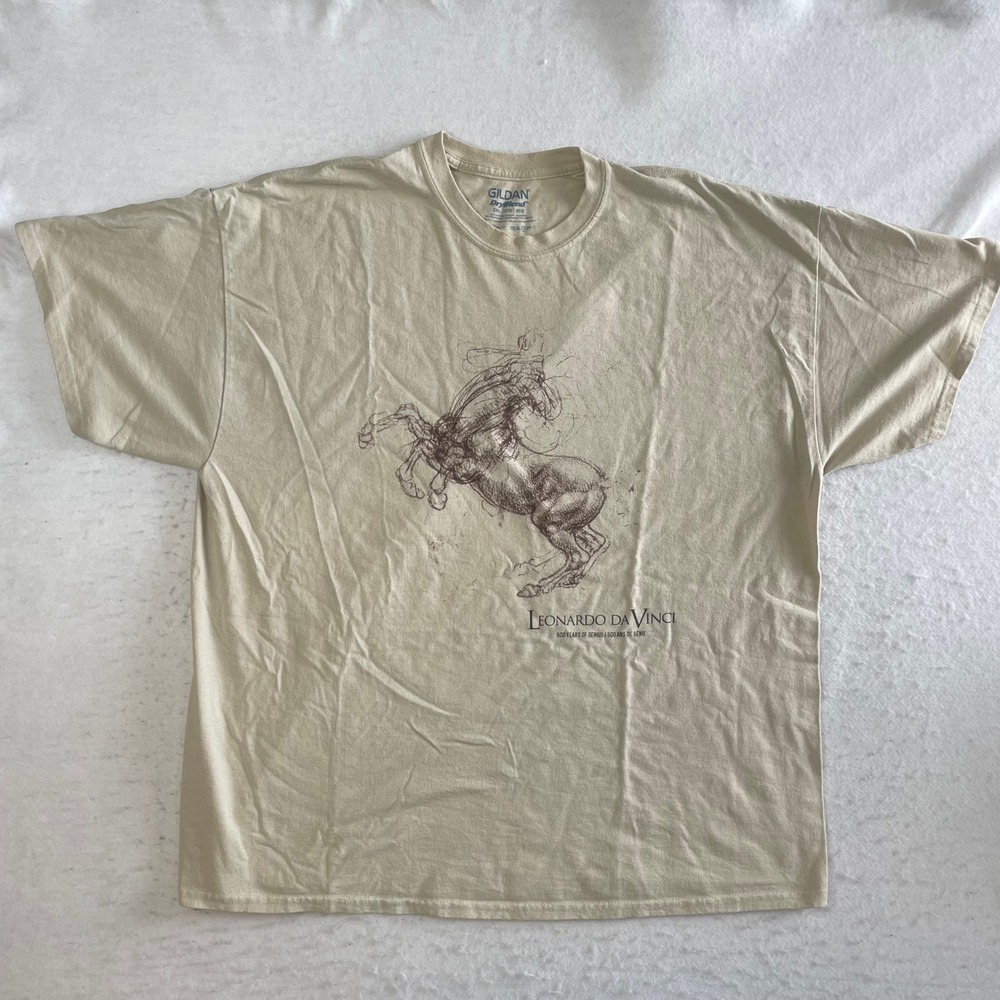 Gildan T-Shirt Mens 2XL Tan Leonardo Da Vinci 500 Years Of Genius Horse Graphic